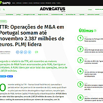 TTR: Operaes de M&A em Portugal somam at novembro 2.387 milhes de euros. PLMJ lidera